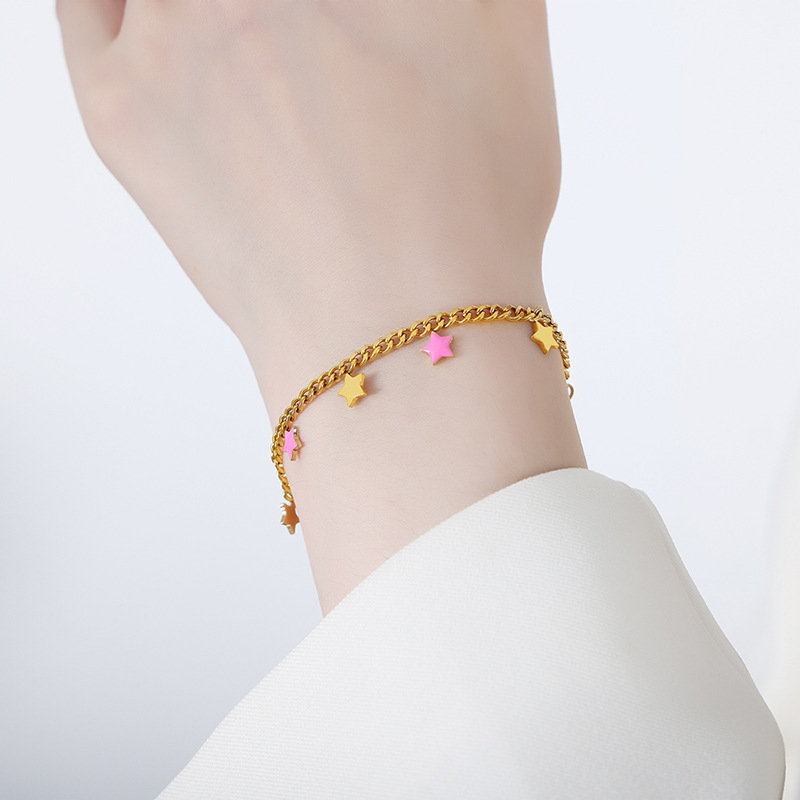 Sweet Multicolor Star Moon Tassel Enamel Charm Bracelet Stainless Steel