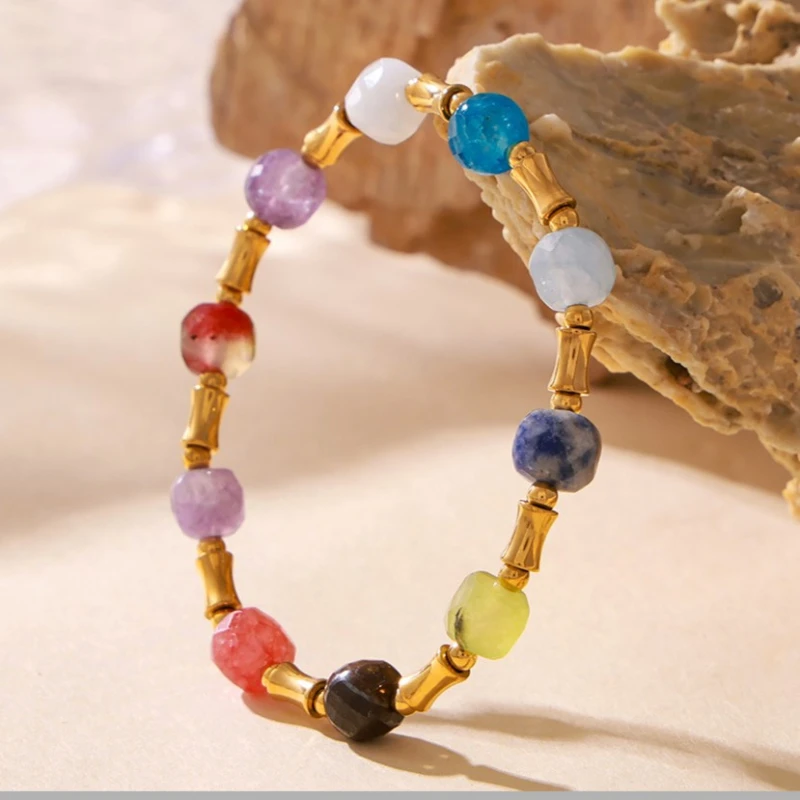 Bohemian Dopamine Natural Stone and Bamboo Beaded Bracelet Stainless Steel