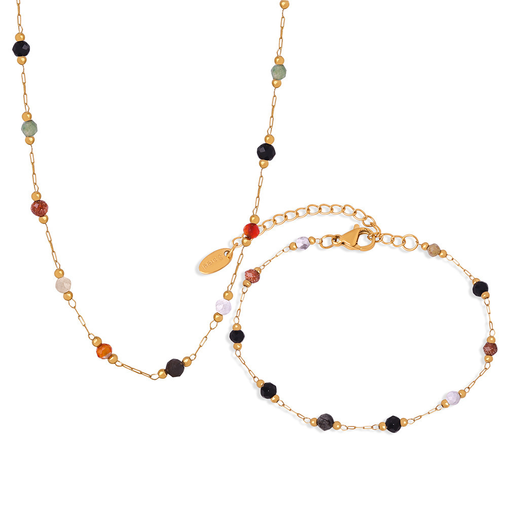PVD Coated Mixed Natural Stone Beaded Stainless Steel Bracelet