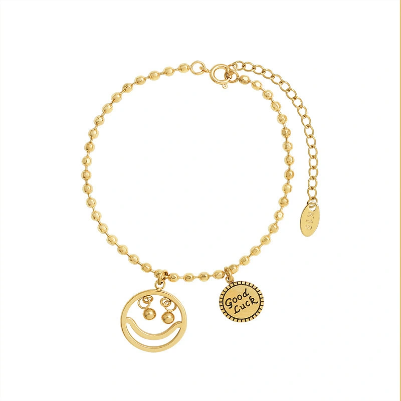Hip Hop Smiley  Beads Good Luck Bracelet Stainless Steel Gold Plated