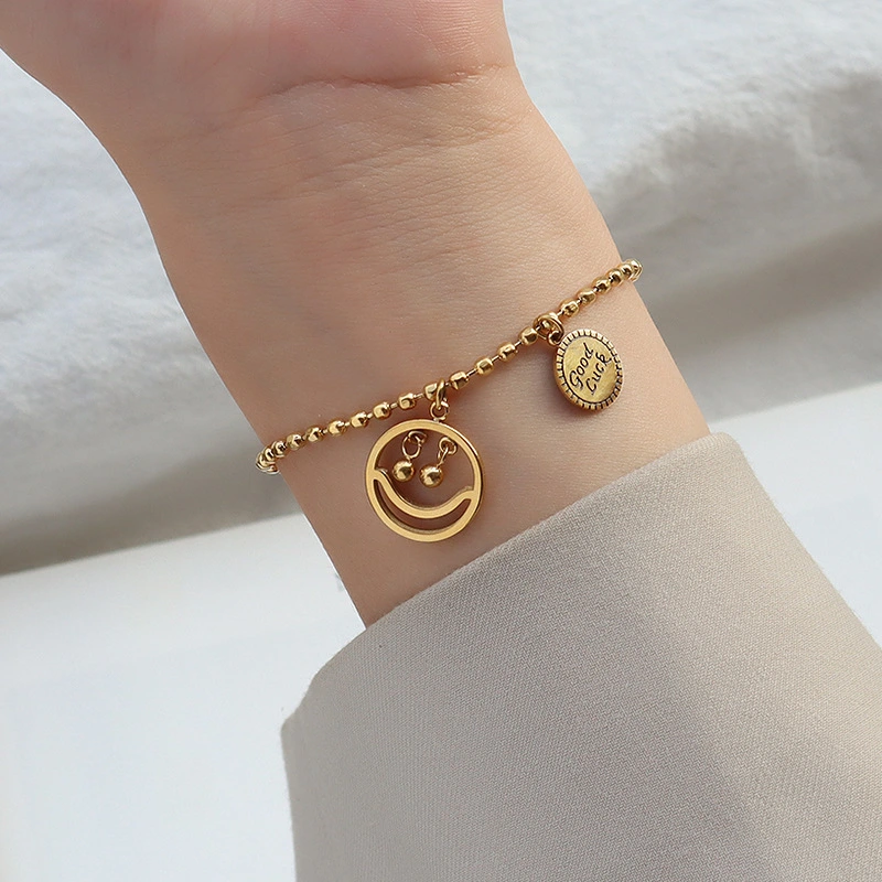Hip Hop Smiley  Beads Good Luck Bracelet Stainless Steel Gold Plated