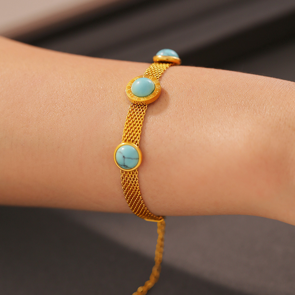 18k Gold Plated Wide Mesh Round Plaque Turquoise Bracelet Stainless Steel