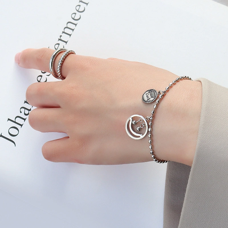 Hip Hop Smiley  Beads Good Luck Bracelet Stainless Steel Gold Plated