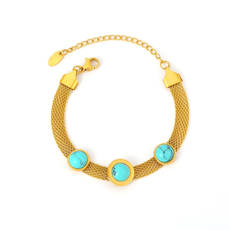 18k Gold Plated Wide Mesh Round Plaque Turquoise Bracelet Stainless Steel