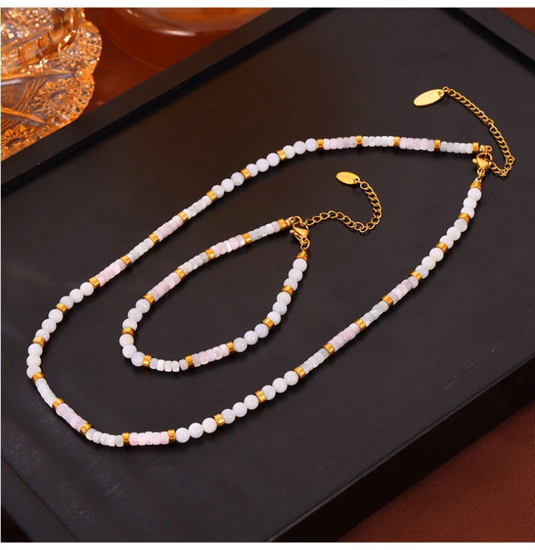French Elegant Mother of Pearl Round Bead Bracelet 316L Stainless Steel