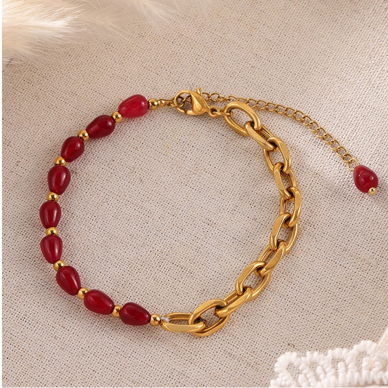 18K Gold Plated Natural Red Agate Patchwork Bracelet Stainless Steel