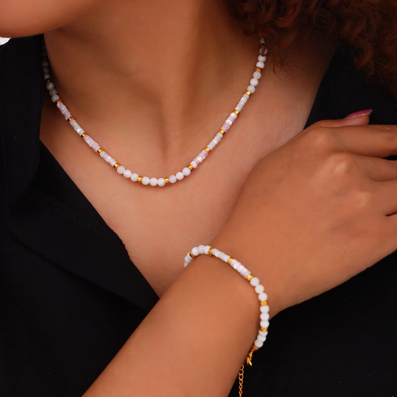French Elegant Mother of Pearl Round Bead Bracelet 316L Stainless Steel