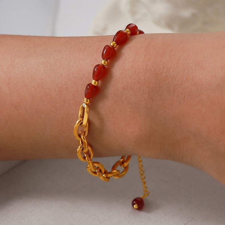 18K Gold Plated Natural Red Agate Patchwork Bracelet Stainless Steel