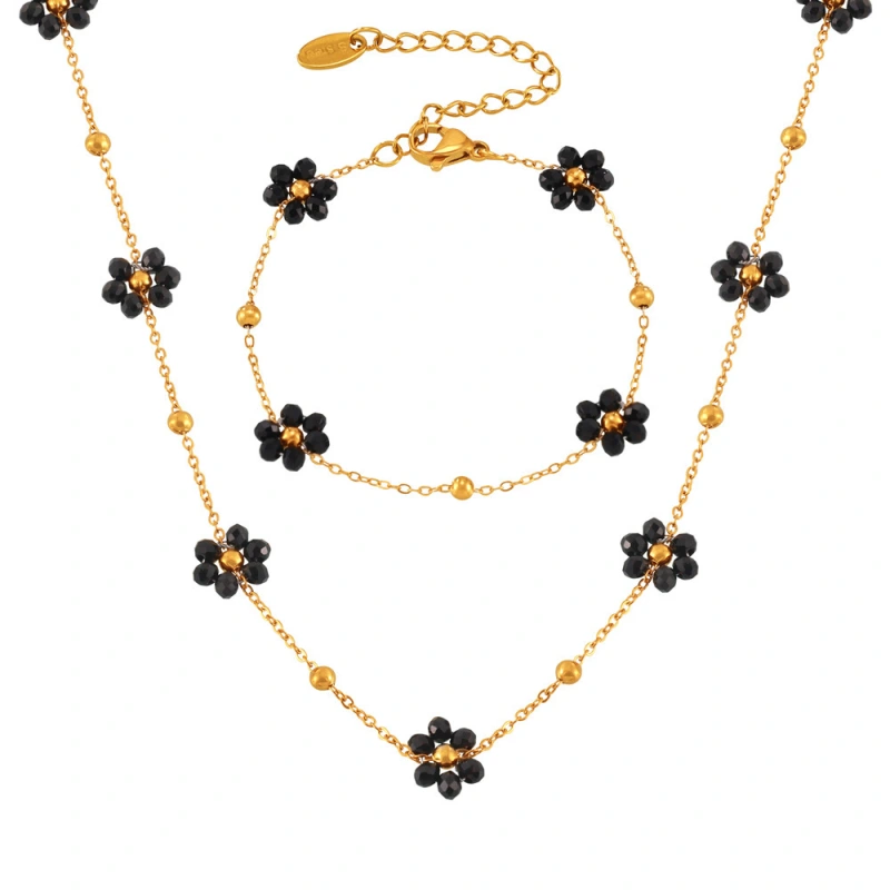 PVD 18K Gold Plated Stainless Steel Daisy with Black Natural Stone Station Bracelet