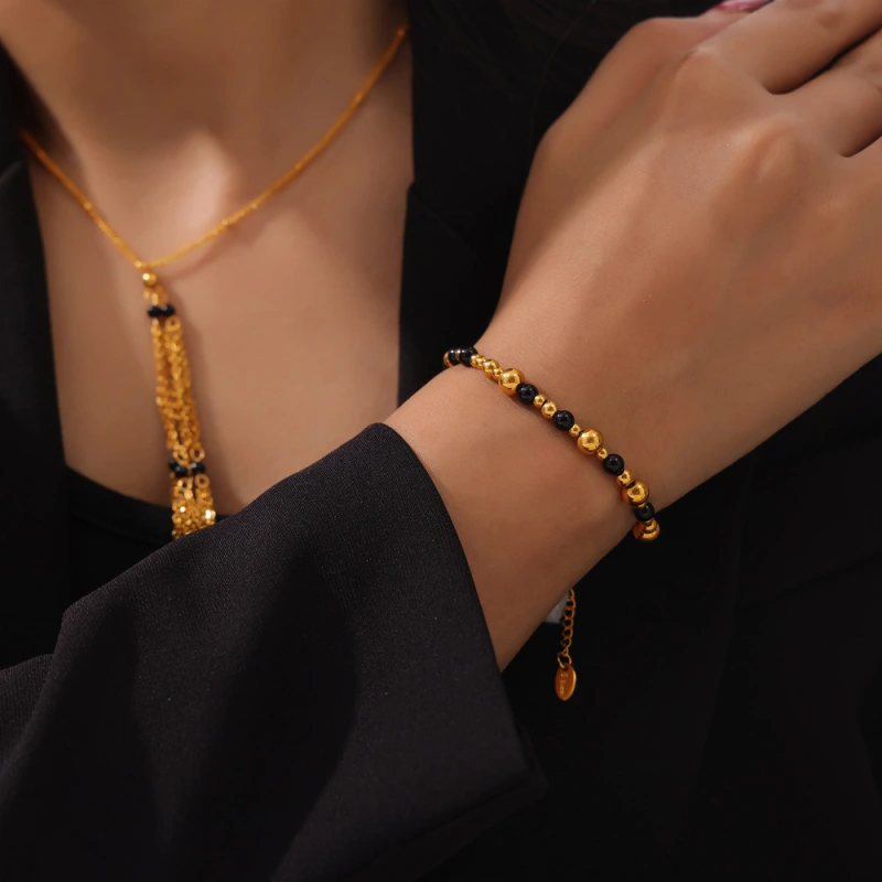 Black Agate Steel Beads Beaded Bracelet Stainless Steel 18K Gold Plated