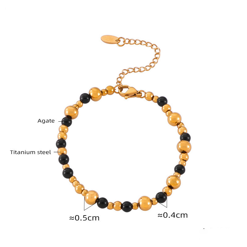 Black Agate Steel Beads Beaded Bracelet Stainless Steel 18K Gold Plated