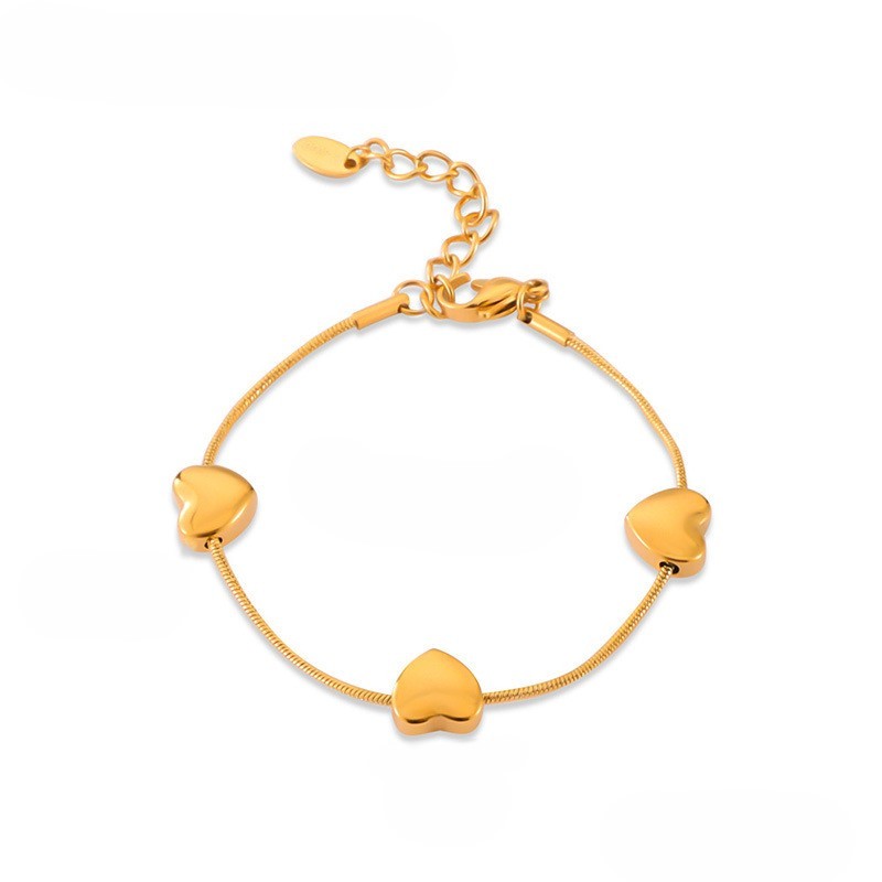 18k Gold Plated Snake Chain String 3 Heart Bracelet Stainless Steel (Color in gold or silver）
