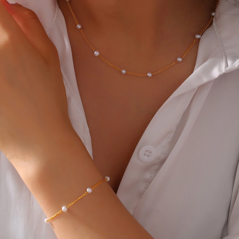 Waterproof INS Style Elegant Pearl Station Bracelet Stainless Steel 18K