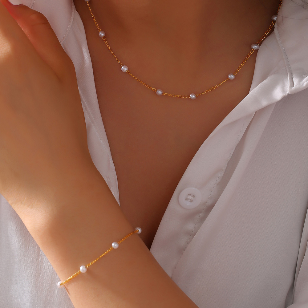 Waterproof INS Style Elegant Pearl Station Bracelet Stainless Steel 18K