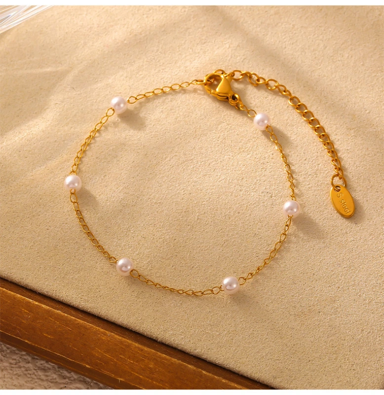 Waterproof INS Style Elegant Pearl Station Bracelet Stainless Steel 18K