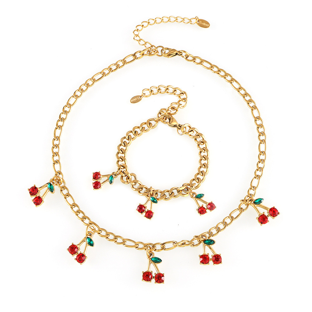 18k Gold Fashion Sweet Zirconia Red Cherry Charm Bracelet Stainless Steel