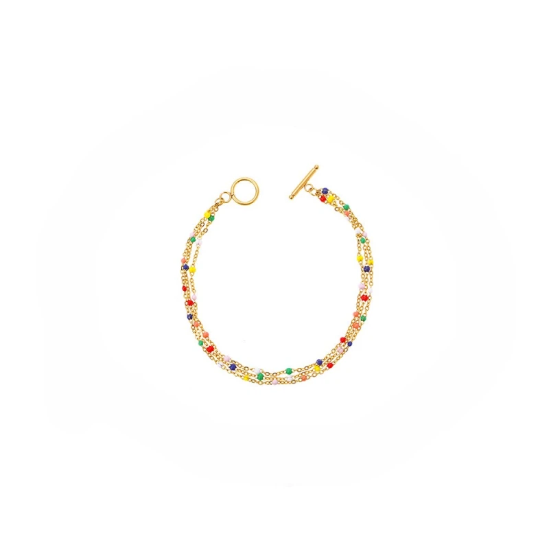 Ethnic Colorful Enameled Round Beads 18K Gold Plated Multi-Layers Bracelet Stainless Steel
