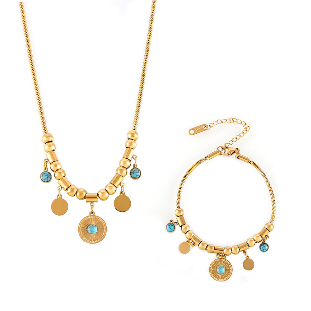 PVD Coated 18k Blue Turquoise Round Pendant Bracelet Stainless Steel