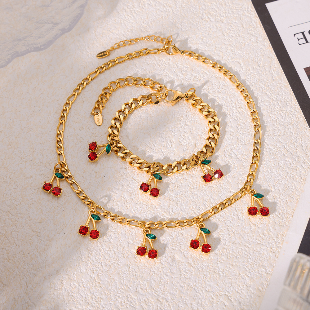 18k Gold Fashion Sweet Zirconia Red Cherry Charm Bracelet Stainless Steel