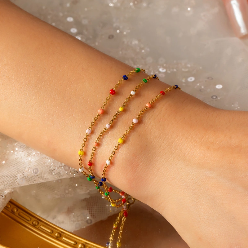 Ethnic Colorful Enameled Round Beads 18K Gold Plated Multi-Layers Bracelet Stainless Steel