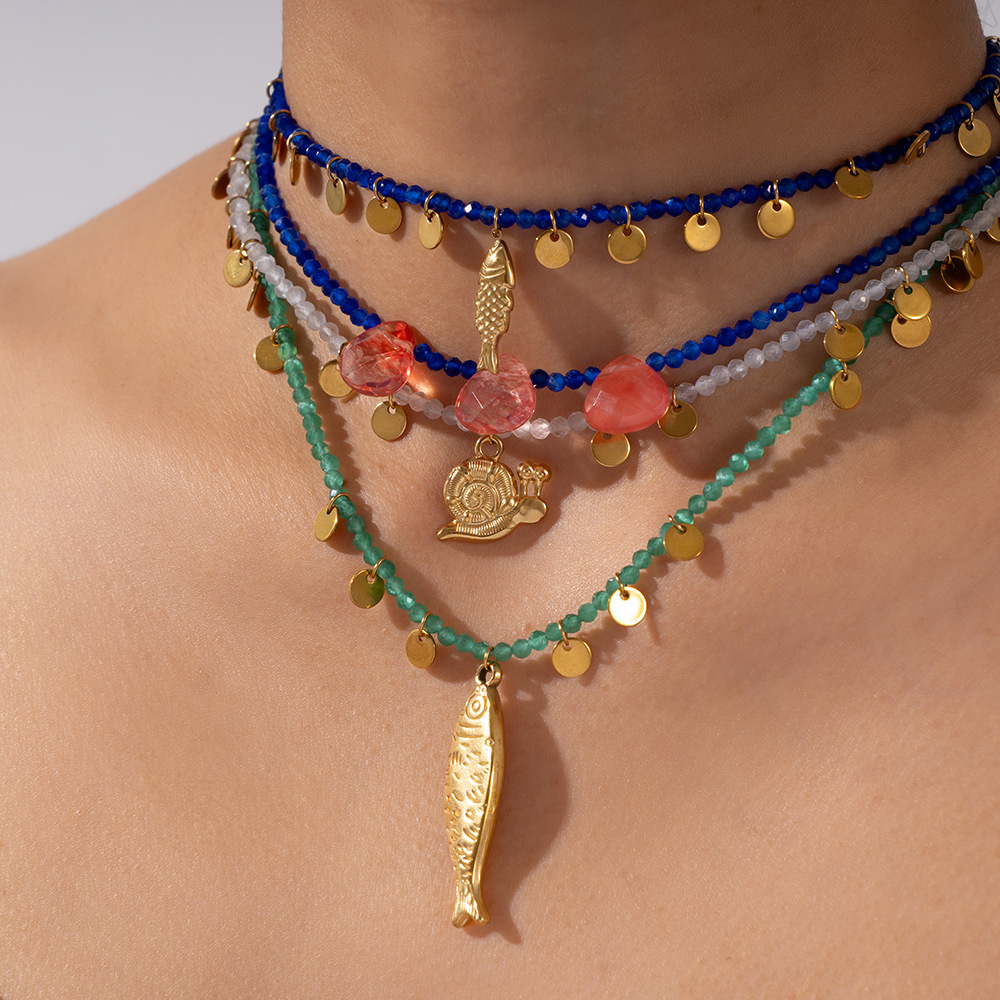 Ethnic wave pendant ruby mixed with seed beads necklace