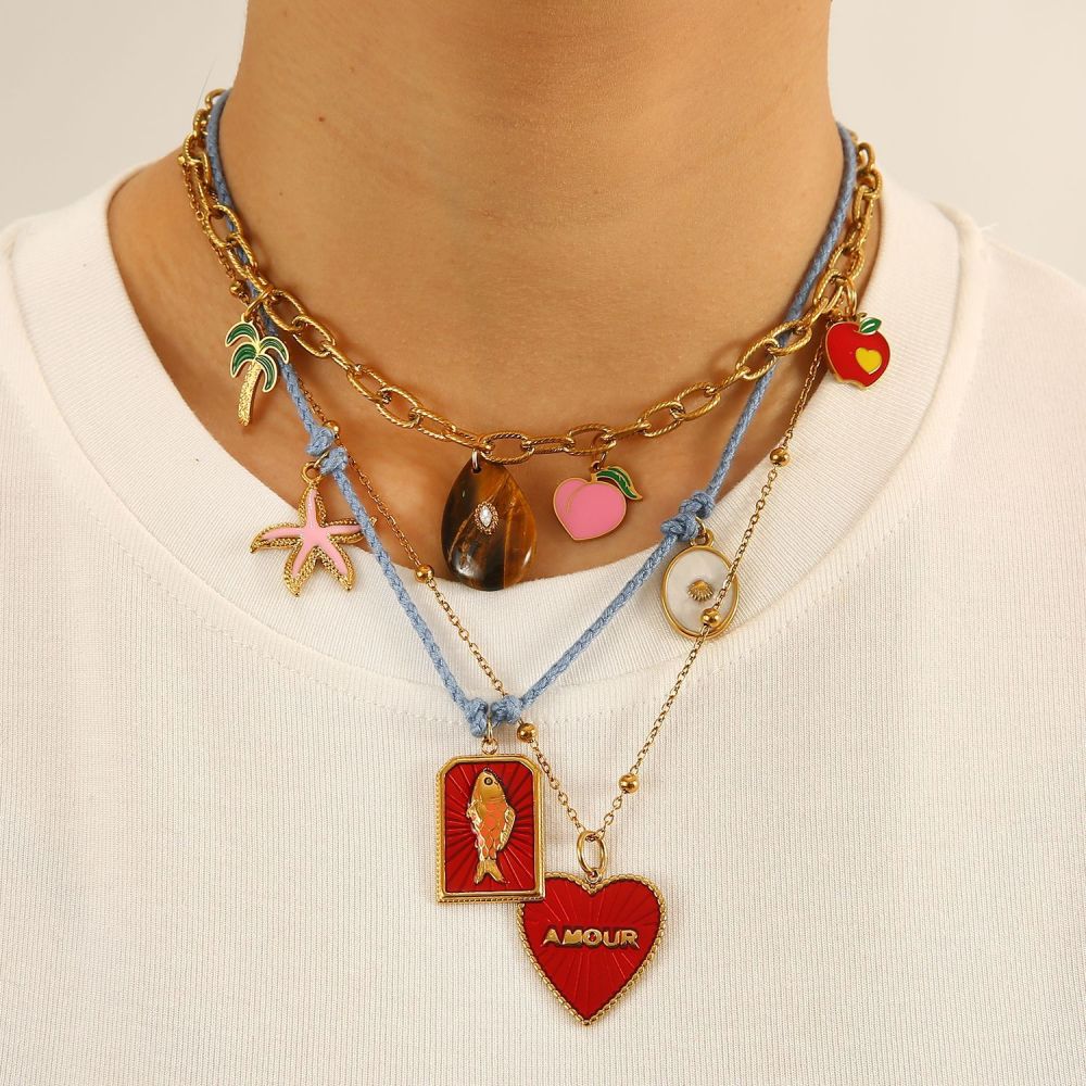 Ethnic wave pendant ruby mixed with seed beads necklace
