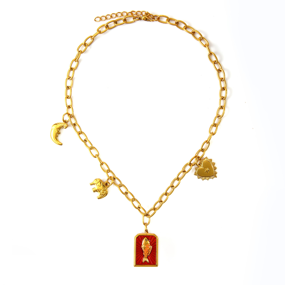 Ethnic wave pendant ruby mixed with seed beads necklace