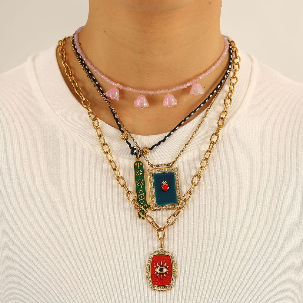 Ethnic wave pendant ruby mixed with seed beads necklace