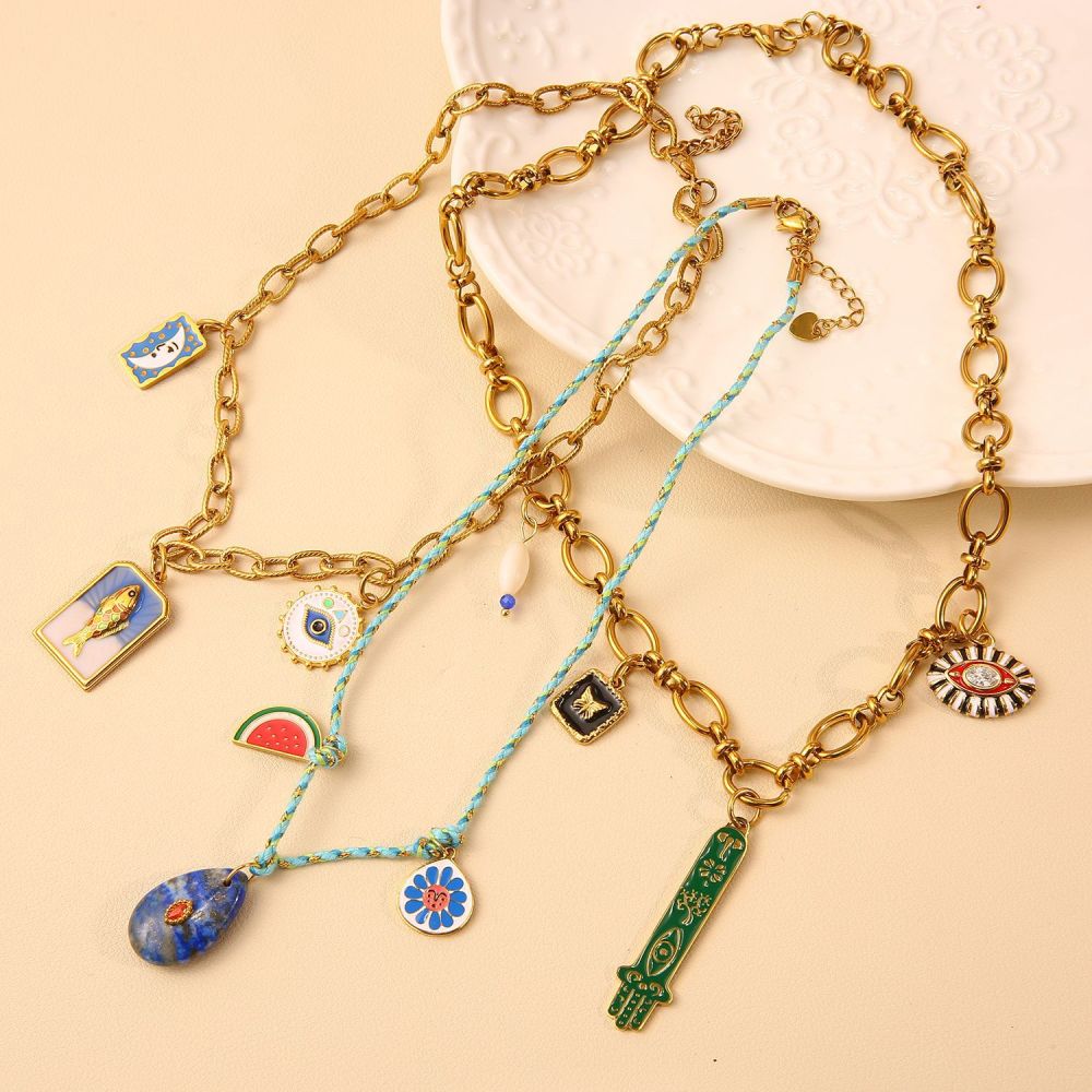 Ethnic wave pendant ruby mixed with seed beads necklace