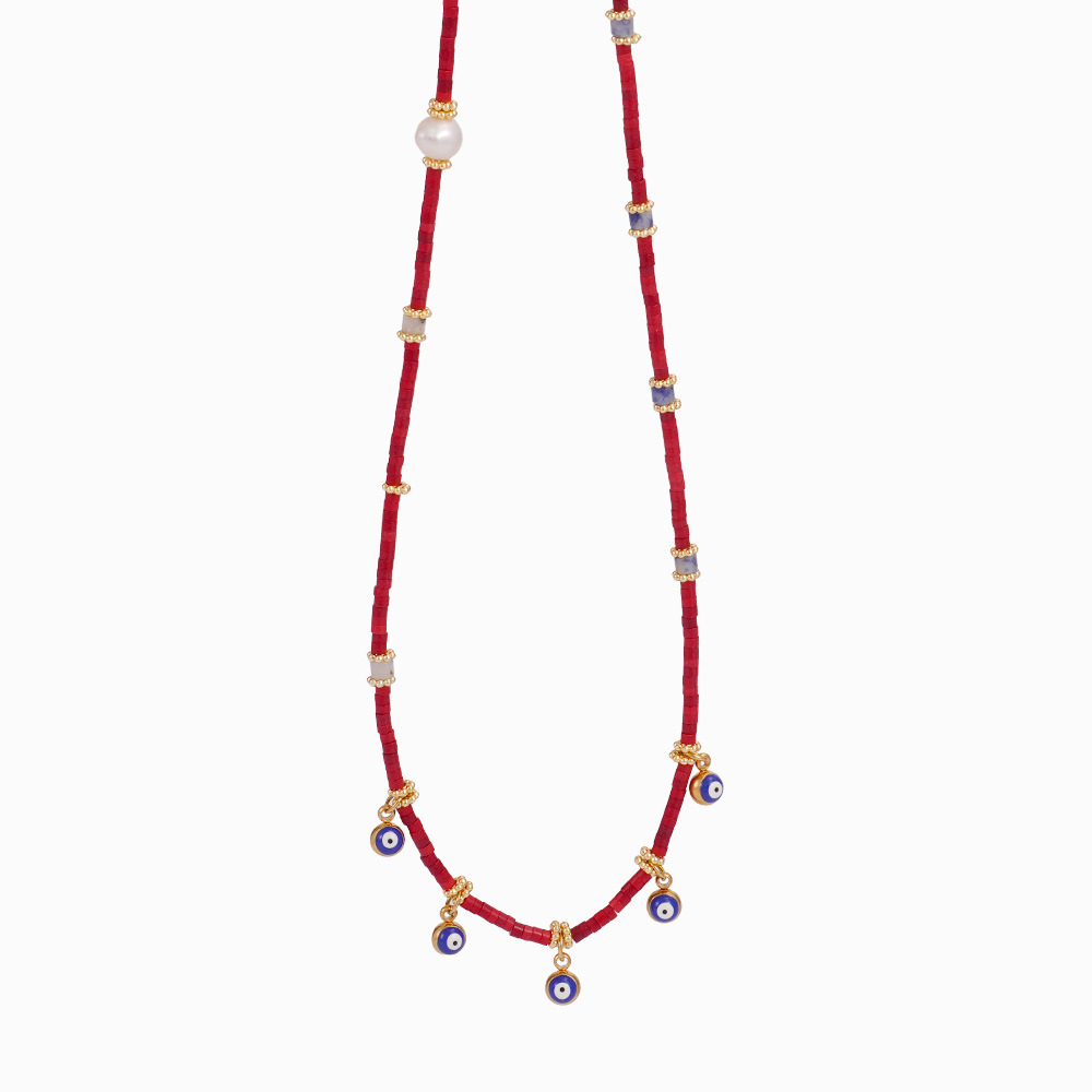 Minimalist Green Beaded Necklace with 18K Gold Stainless Steel Flower Pendant