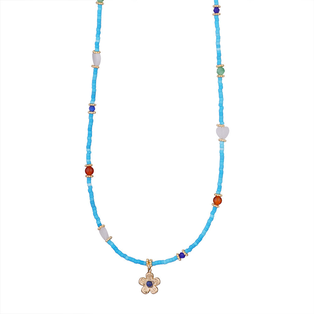 Minimalist Green Beaded Necklace with 18K Gold Stainless Steel Flower Pendant