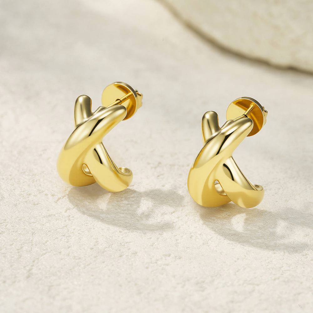 跨境欧美热卖简约线条交叉耳环时尚个性气质扭结耳圈耳钉钛钢饰品