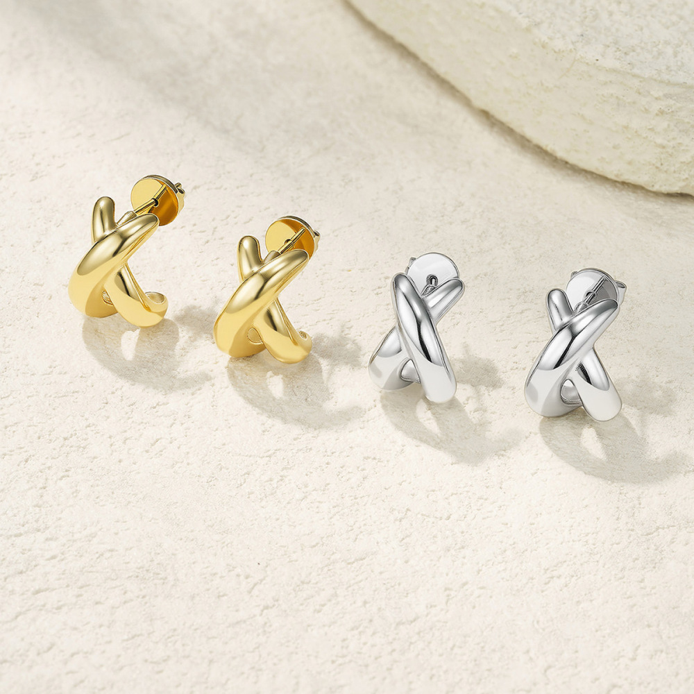 跨境欧美热卖简约线条交叉耳环时尚个性气质扭结耳圈耳钉钛钢饰品