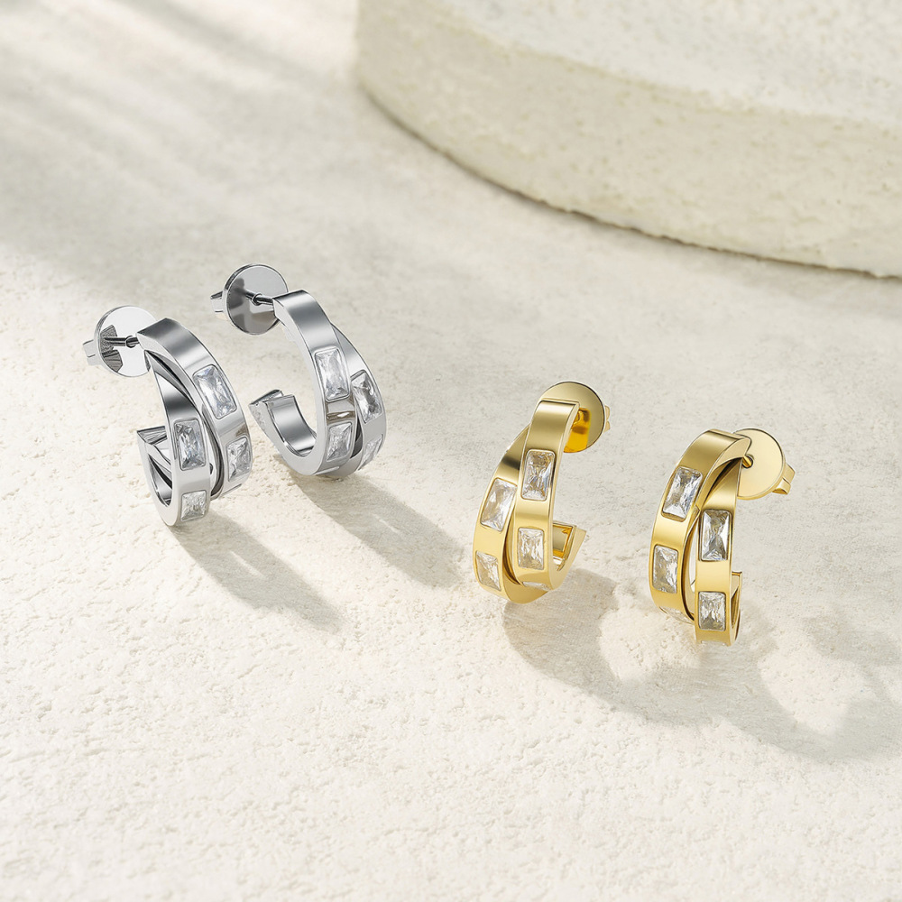新款轻奢耳环高级简约C形钛钢锆石潮酷小众时尚耳圈跨境欧美耳饰