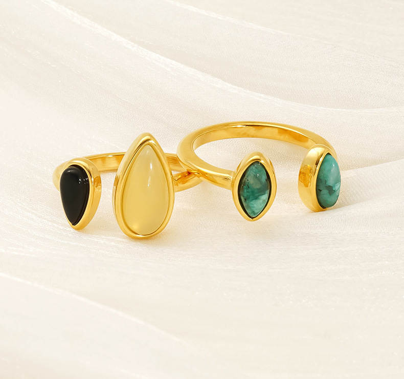 Non-tarnish Ajustable Ring with Water-drop Onyx, Citrine and Jade