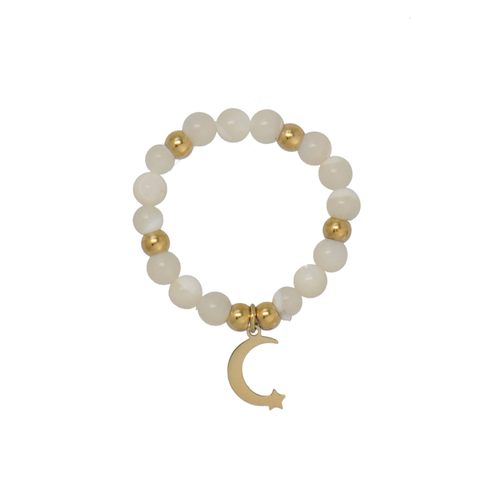 Handcrafted Mother of Pearl, Facted Africa Turquoise Beaded Stretch Rings with Moon Charm