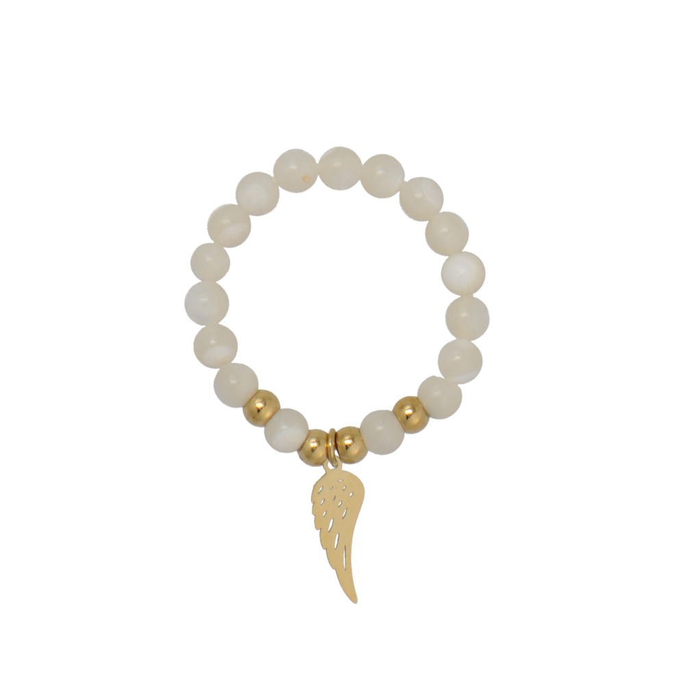 Handcrafted Mother of Pearl, Facted Aventurine Beads Stretch Rings with Angel Wing Charm
