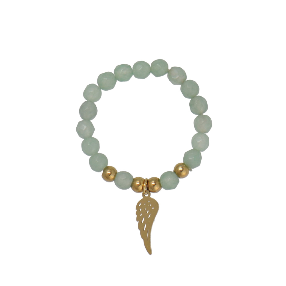 Handcrafted Mother of Pearl, Facted Aventurine Beads Stretch Rings with Angel Wing Charm