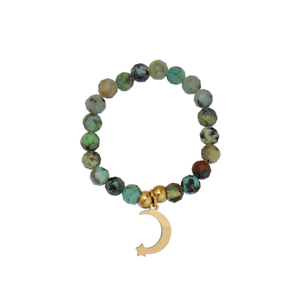 Handcrafted Mother of Pearl, Facted Africa Turquoise Beaded Stretch Rings with Moon Charm