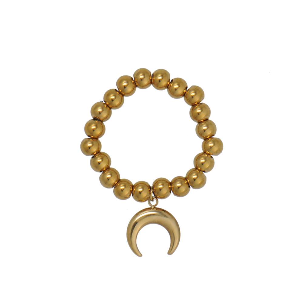 14K Gold PVD Coating Bead Stretchy Ring with Moon Charm in Stainless Steel