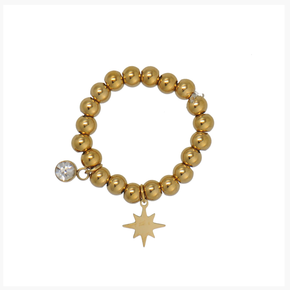 14K Gold PVD Coating Bead Stretchy Ring with Moon Charm in Stainless Steel