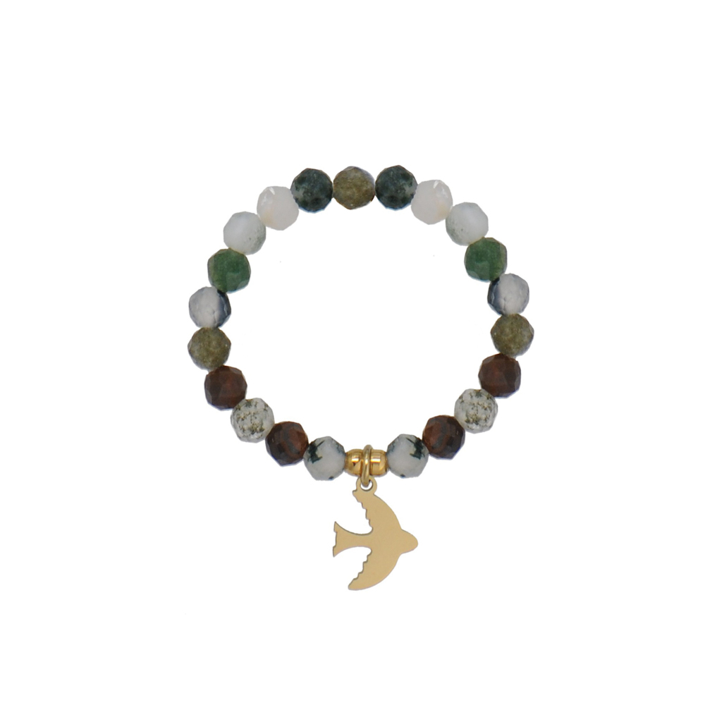 Faceted Indian Agate Bead Ring with Bird Charm, White Jade Stretch Ring with Cross Charm