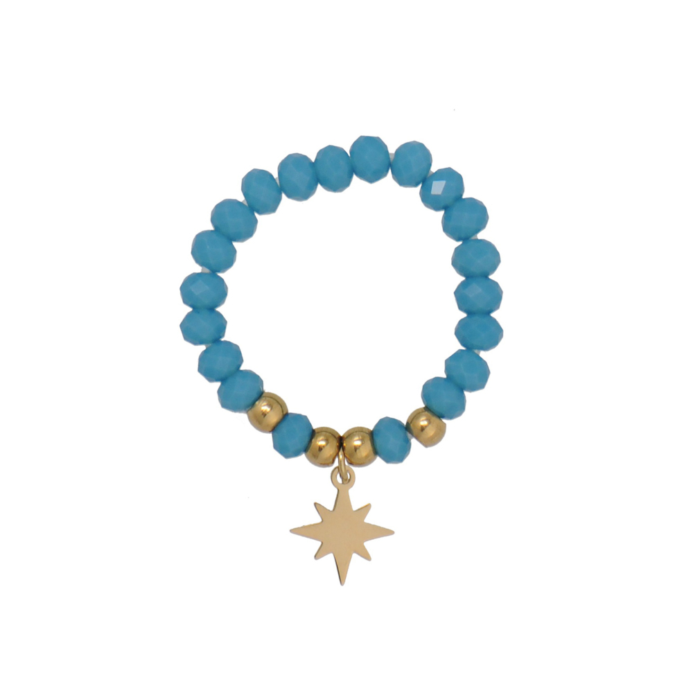 Facted Blue Crystal, Indian Agate Bead Stretch Ring with North Star Charm In PVD Coating