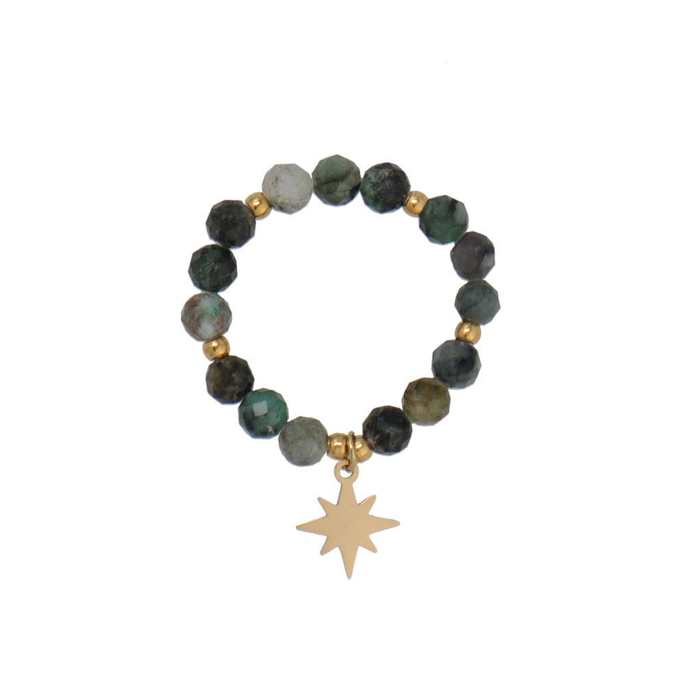 Facted Blue Crystal, Indian Agate Bead Stretch Ring with North Star Charm In PVD Coating