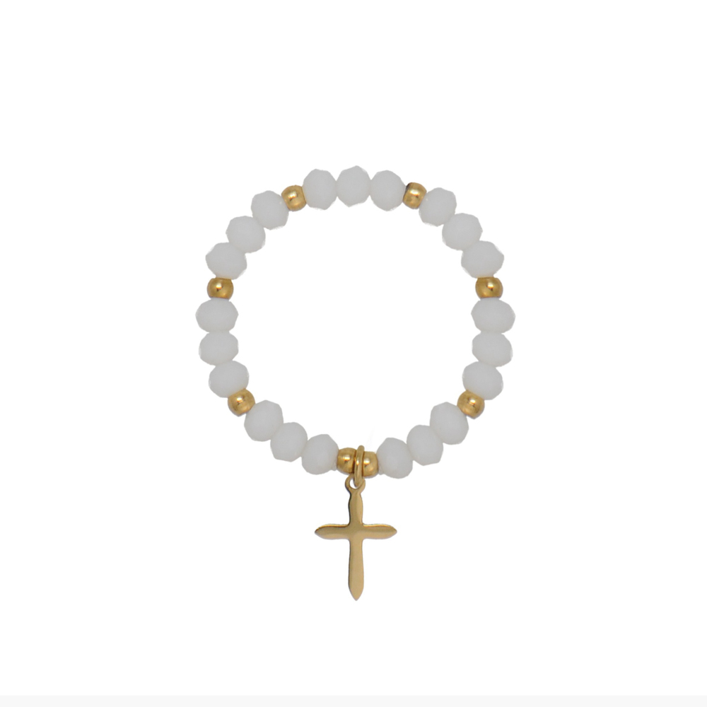 Faceted Indian Agate Bead Ring with Bird Charm, White Jade Stretch Ring with Cross Charm