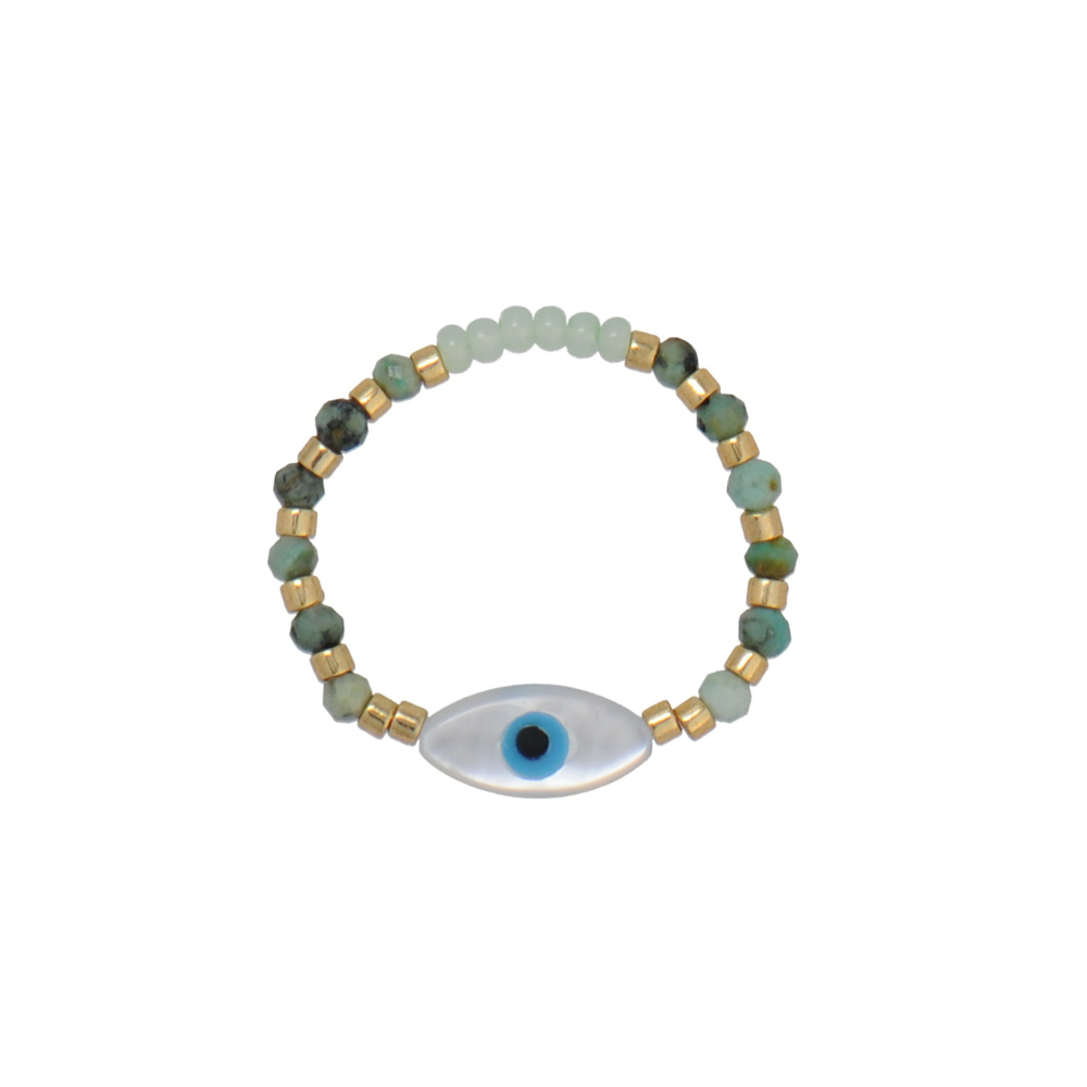 Miyuki Golden Bead Spacers and Carnelian Beads Stretchy Ring with Mother of Pearl Cross Charm