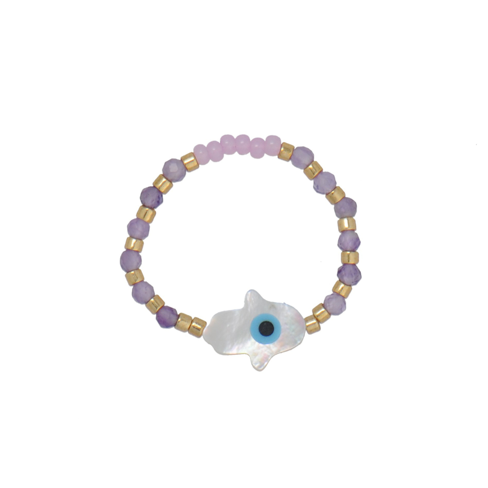 Miyuki Golden Bead Spacers and Carnelian Beads Stretchy Ring with Mother of Pearl Cross Charm