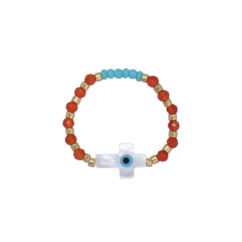 Miyuki Golden Bead Spacers and Carnelian Beads Stretchy Ring with Mother of Pearl Cross Charm
