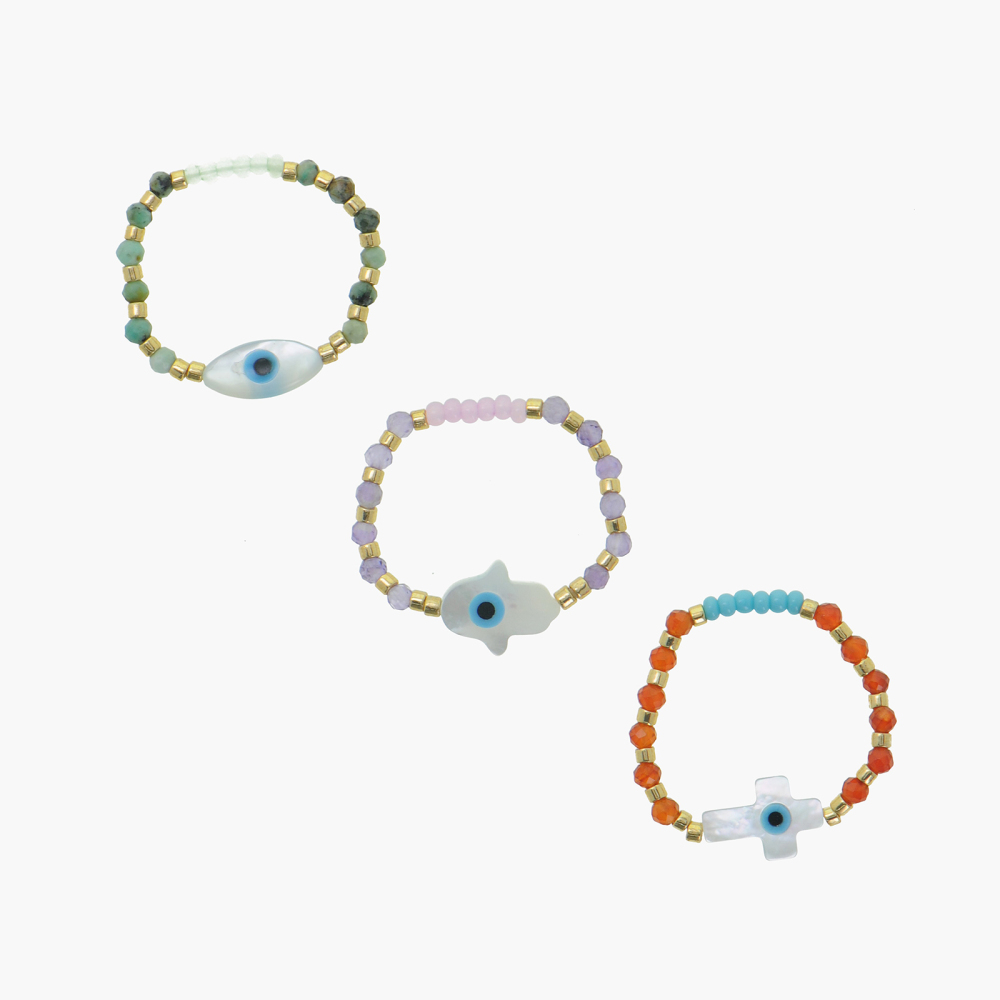 Miyuki Golden Bead Spacers and Carnelian Beads Stretchy Ring with Mother of Pearl Cross Charm