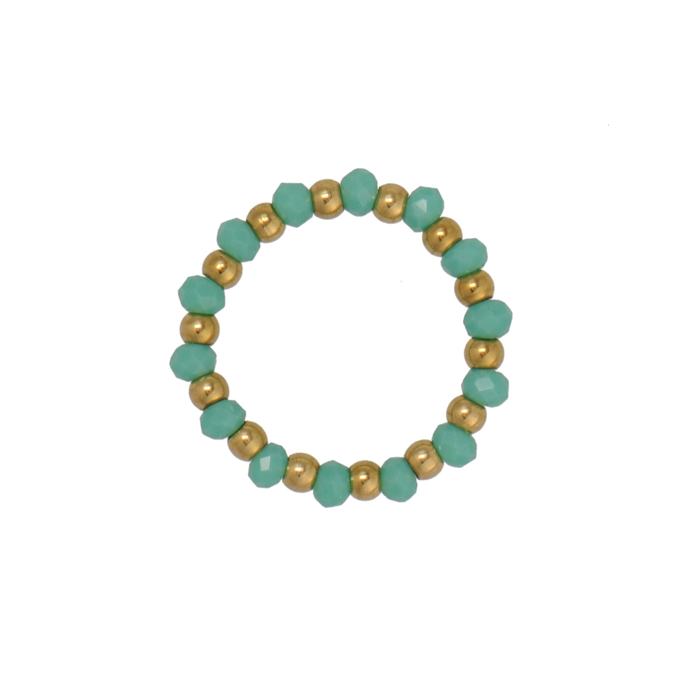 Bohemian Clear Quartz Beaded Stretch Ring Alternated With Gold Plating Beads